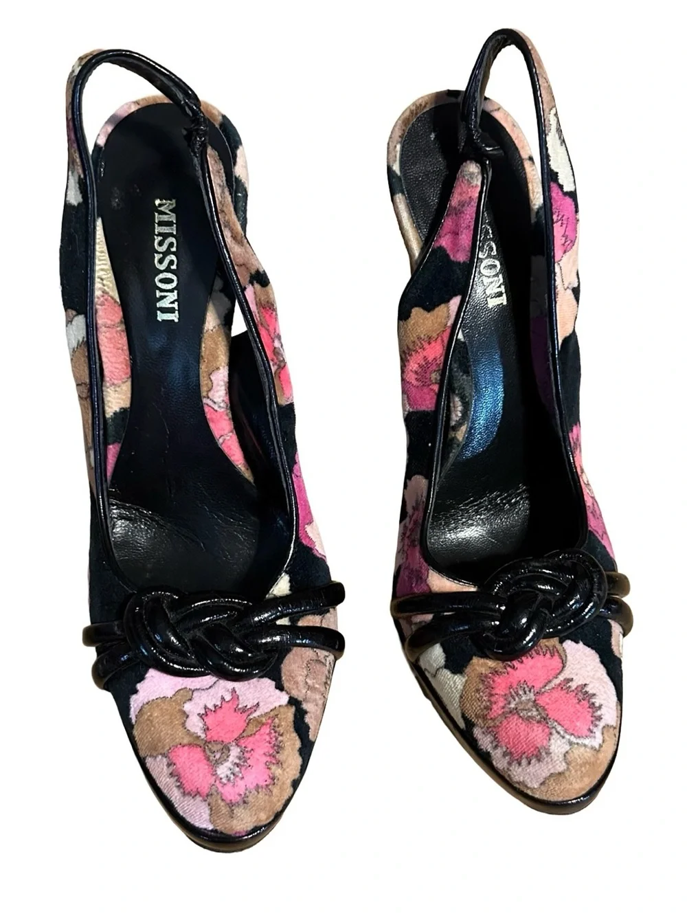 MISSONI BLACK & PINK VELVET FLORAL PRINT SLINGBACK HEELS (36.5)